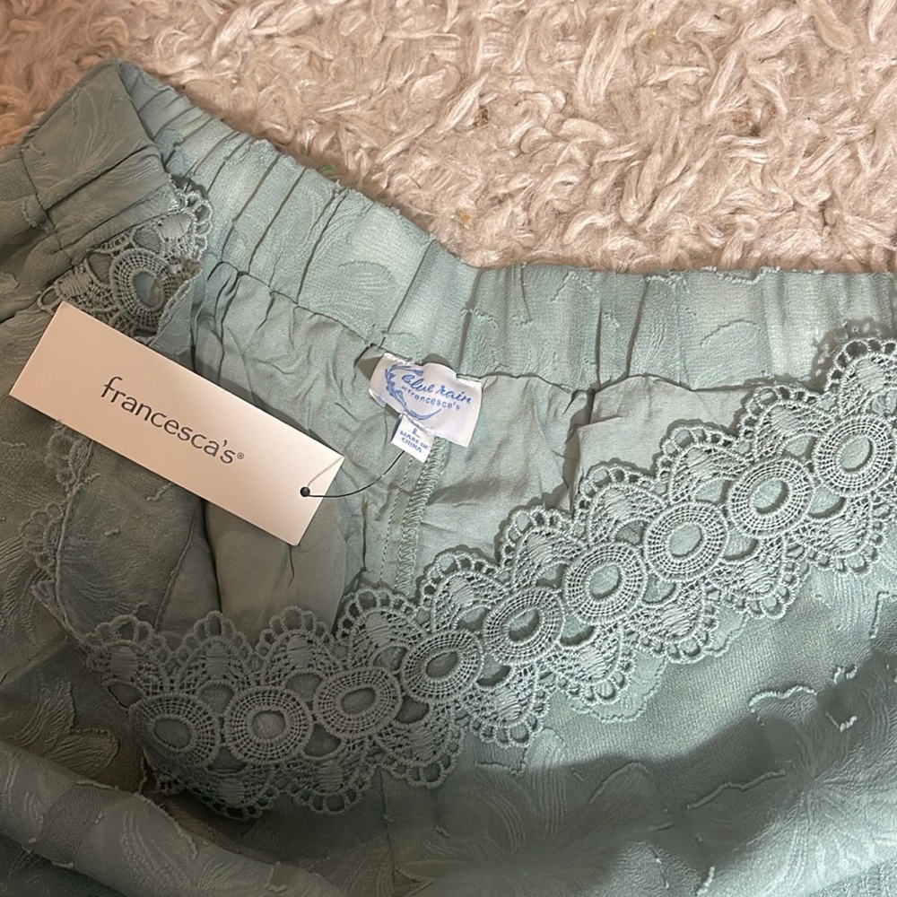 Blue Rain Mint/Sage Green Lace Crochet Trim Shorts, L - Picture 3 of 3